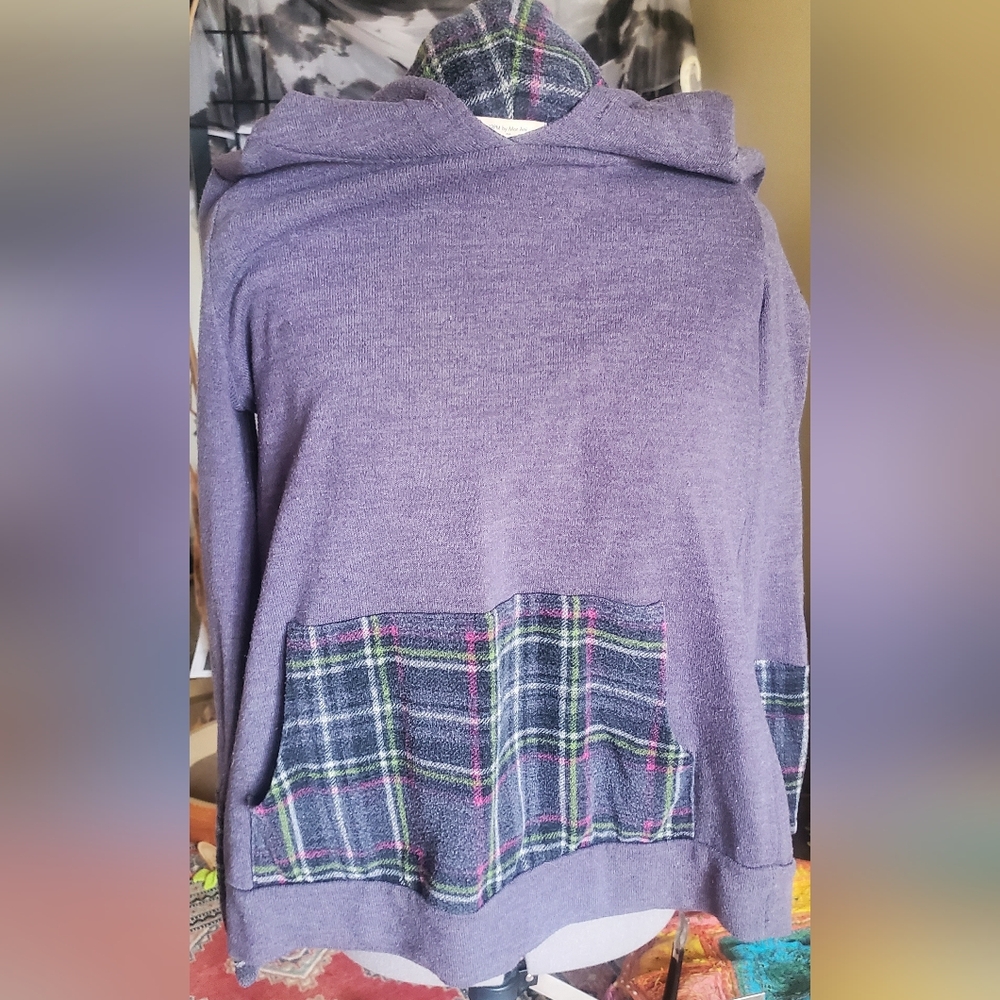 12 Pm By Mon Ami Grey Hooded W Plaid Accents Sweater